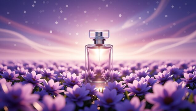 Perfume bottle in lavender field at sunset