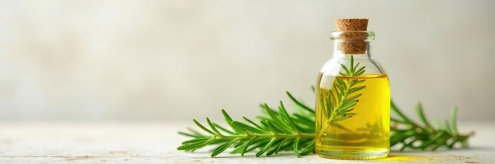 Aromatic rosemary sprigs immersed in a clear glass bottle of golden essential oil Perfect for aromatherapy, natural beauty, and holistic wellness imagery , herbal oil, fresh