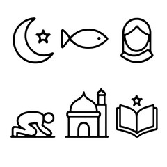 Black-and-white icon set showing Islamic symbols: crescent moon, fish, hijab, prayer, mosque, and Quran. Clean lines, minimal style, ideal for educational or UI use.