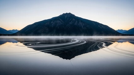 Serene mountain lake with mist and reflective water patterns at dawn