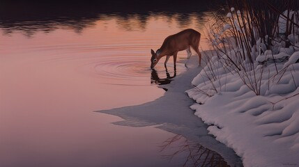 Deer Drinking at the Edge of a Frozen River at Winter Dawn