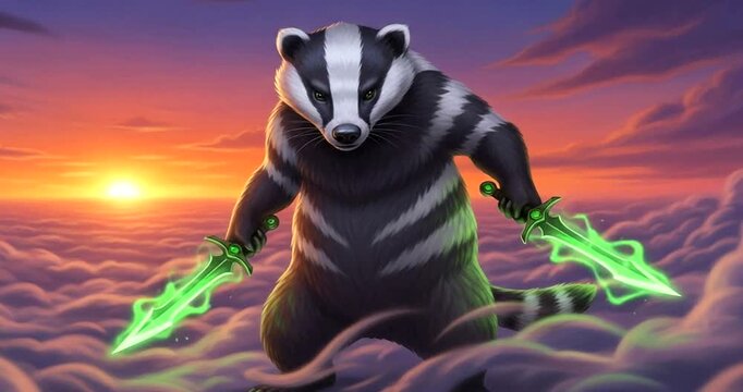Fierce badger warrior holding glowing green daggers above sunset clouds