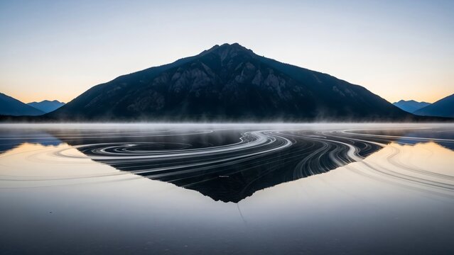 Serene mountain lake with mist and reflective water patterns at dawn