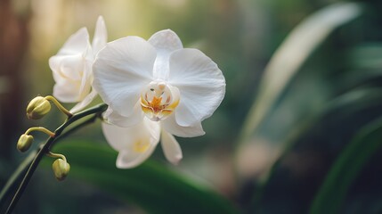 Fototapeta premium Close-up of a beautiful white orchid flower with a yellow center, surrounded by soft green foliage in a garden setting.