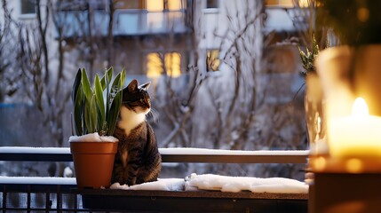 Stray Cat Resting Beside a Snow-Covered Plant on a Balcony