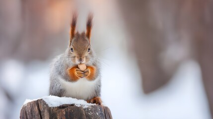 Squirrel Sitting Quietly on a Snowy Tree Stump