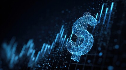 An abstract, digital illustration showcases a sparkling dollar sign floating above a dynamic line graph with increasing trend. ..Created with Generative AI, not depicting real subjects.