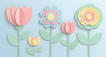 A delightful paper craft flower arrangement featuring a variety of delicate pastel blooms and green stems against a soft blue background, perfect for spring and nature themes