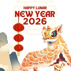 Happy lunar new year 2026 with lion dance and lantern isolated on white background