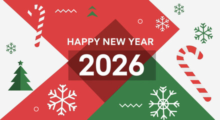 Happy New Year 2026 Festive Greeting with Christmas Elements.