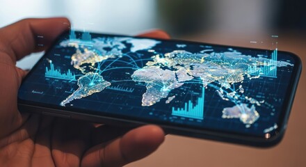 Global connectivity on mobile phone displaying worldwide communication and data analysis