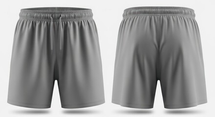 Grey athletic shorts, front and back view, isolated on a white background for fashion design and