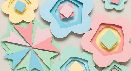 Geometric Paper Flowers in Pastel Hues, Decorative Craft Art for Spring and Celebrations
