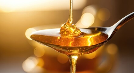 Golden honey dripping into a spoon creating a mesmerizing and delicious display perfect for