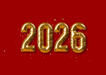 Golden foil balloons in 2026 shape on red background, new year concept