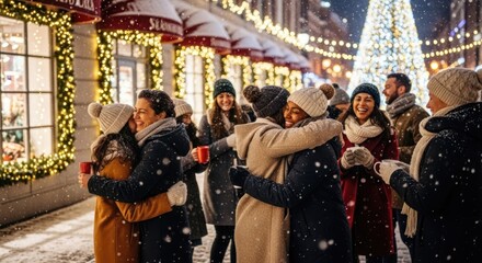 Group of friends celebrating Christmas on a snow-covered city street embracing the holiday spirit