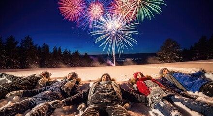 Group of friends enjoy fireworks lying in the snow under a winter night sky celebration