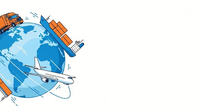 Global logistics with plane, ship, and truck delivering cargo.
