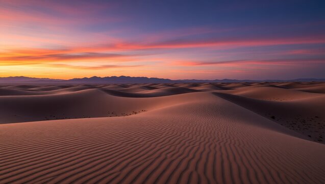 Sunset over desert sand dunes and mountain range - Powered by Adobe