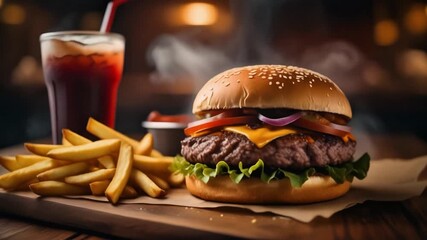 Juicy Cheeseburger with Fries and Soda in Warm Cozy Restaurant Setting