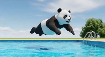 Playful Panda Plunging into a Sparkling Pool: A Whimsical Summer Scene of Joyful Animation