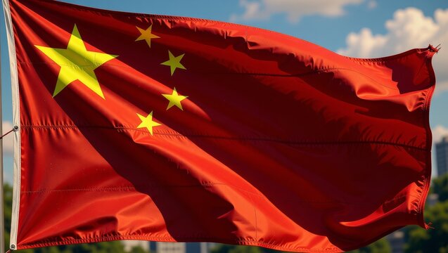 Chinese flag waving against blue sky with clouds