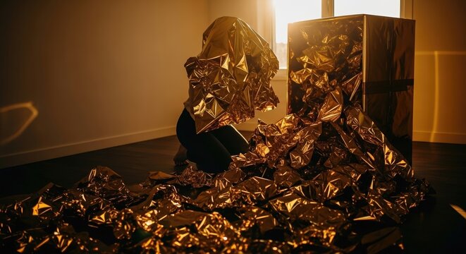 An abstract art installation of a figure covered in gold foil next to a cube overflowing with the same material in a sunlit room.