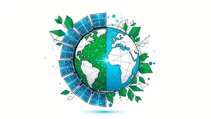 A split globe concept with solar panels and green leaves symbolizing sustainable energy.
