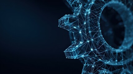 A digital gear is intricately constructed from interconnected nodes and glowing lines. This symbolizes the interconnectedness of systems. ..Created with Generative AI, not depicting real subjects.