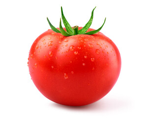 Fresh tomato with water droplets isolated on white.