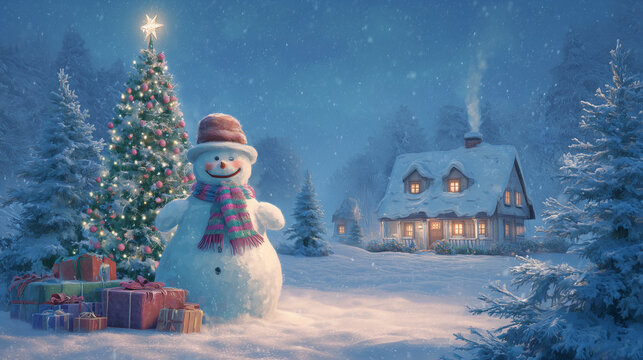 a snowman wearing a colorful scarf and hat stands next to a christmas tree with gifts, surrounded by white.
