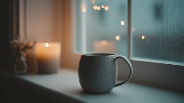 Cozy ceramic mug on a windowsill with a lit candle and blurred lights creating a warm, peaceful atmosphere indoors