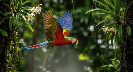 Scarlet macaw soars through a lush rainforest canopy, showcasing vibrant plumage and natural beauty
