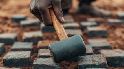 Builder using rubber mallet to adjust position of paving stones on dirt surface with focused hand movement