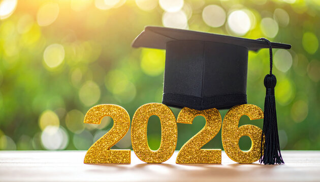 Golden numbers 2026 with graduation cap symbolize future achievement and success against vibrant, sunlit background. image conveys hope and celebration