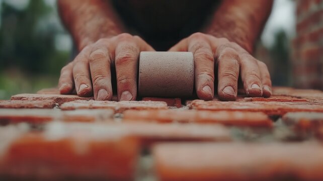 Builder using rubber mallet to carefully adjust position of bricks while constructing wall with focused hands and detailed texture