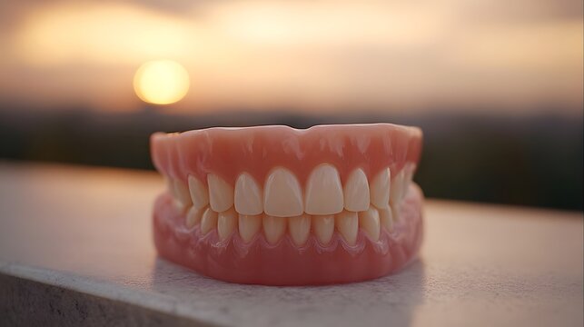 A full set of lifelike dentures is displayed against the soft warm glow of a vibrant sunset sky