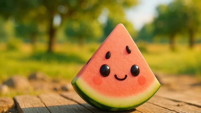 A cute, cartoon-style slice of watermelon with big glossy eyes and a smiling face sits on a wooden surface in a sunny park. Soft, golden light and a blurred green background give the scene a warm, pla
