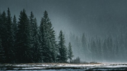 Snow falling gently over a dense forest of evergreen pine trees, creating a serene and cold winter landscape
