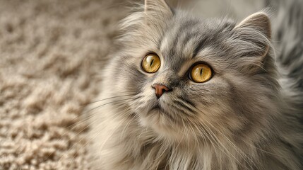 Close-up of a fluffy grey Persian cat with striking amber eyes looking upwards with curiosity.