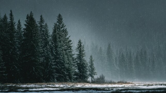 Snow falling gently over a dense forest of evergreen pine trees, creating a serene and cold winter landscape