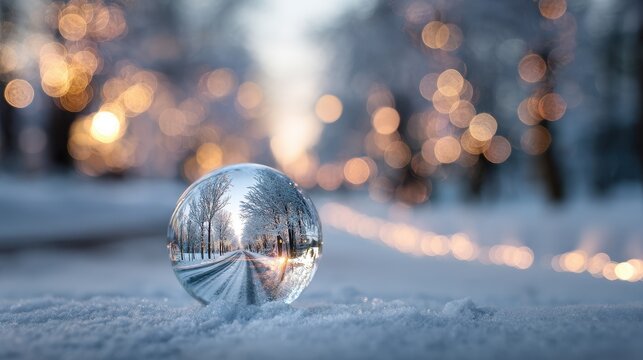 Winter wonderland reflected in a crystal ball, showing a snowy road with blurred golden lights in the background