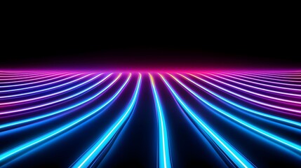A vivid array of blue and purple neon lines curves against a stark black backdrop, creating a futuristic and abstract visual effect. The lines converge in the distance.