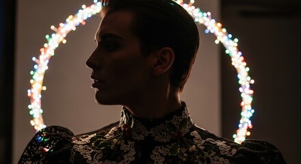 Profile silhouette of a person with a glowing halo made of colorful string lights. Cozy Christmas Background