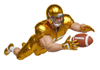 Golden american football player diving to catch ball, isolated on white background. isolated on transparent background
