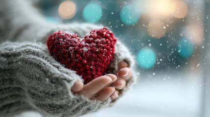Hands in a warm grey sweater holding a red knitted heart, with falling snow and blurred lights, symbolizing love, care, and winter