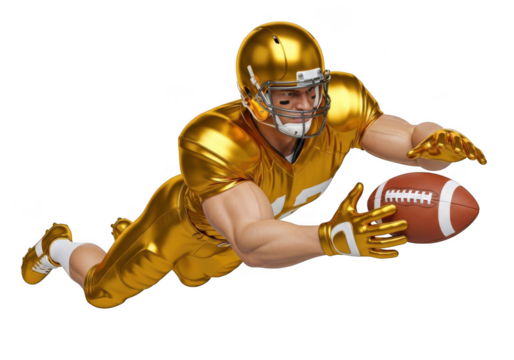 Golden american football player diving to catch ball, isolated on white background. isolated on transparent background - Powered by Adobe