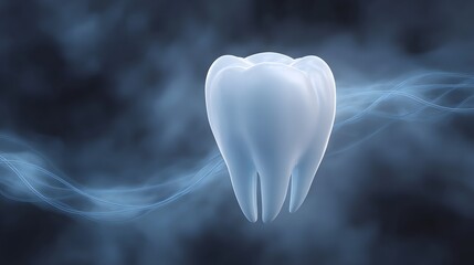 A luminous stylized tooth representing dental health and hygiene surrounded by abstract blue light waves and swirling mist against a dark background