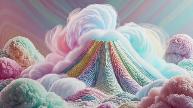 Dreamy pastel mountain landscape with swirling clouds, perfect for fantasy, travel, or children's content with its whimsical and imaginative feel
