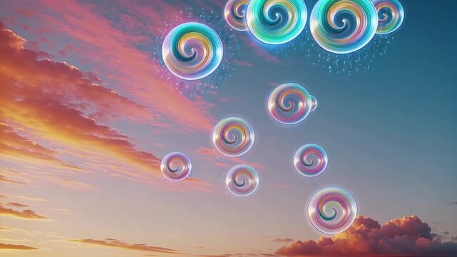 Dreamy candy swirl orbs float through a stunning sunset sky, perfect for adding a touch of magic to your next creative project or whimsical campaign